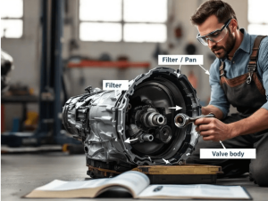 Mechanic inspecting transmission components and filters.