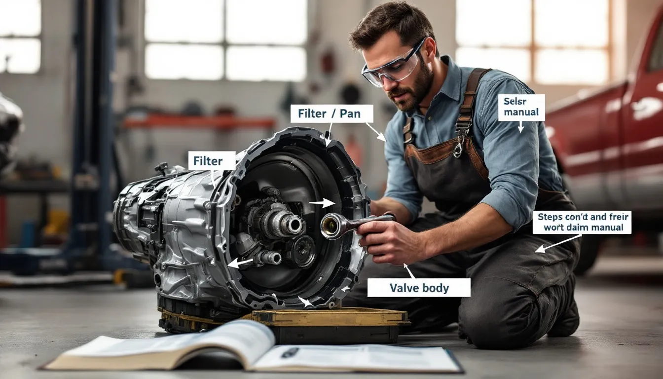 Routine maintenance being performed on a vehicle's transmission.