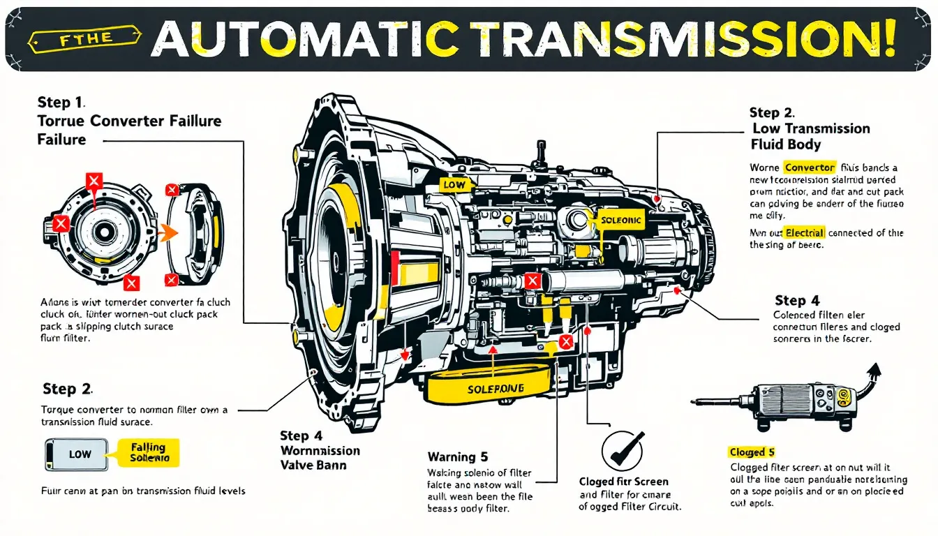 Common automatic transmission problems displayed in a diagram format.