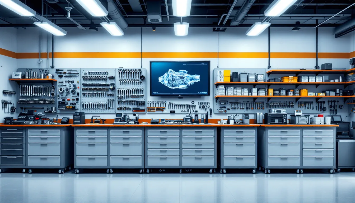 A clean and professional transmission repair shop is depicted, showcasing organized tools and equipment essential for transmission services. The environment reflects a focus on quality automotive care, with areas designated for routine maintenance and repairs on various transmission systems.