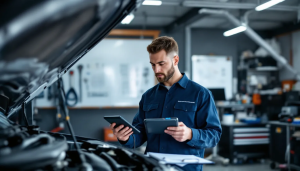 Mechanic using digital tablet in garage workshop.