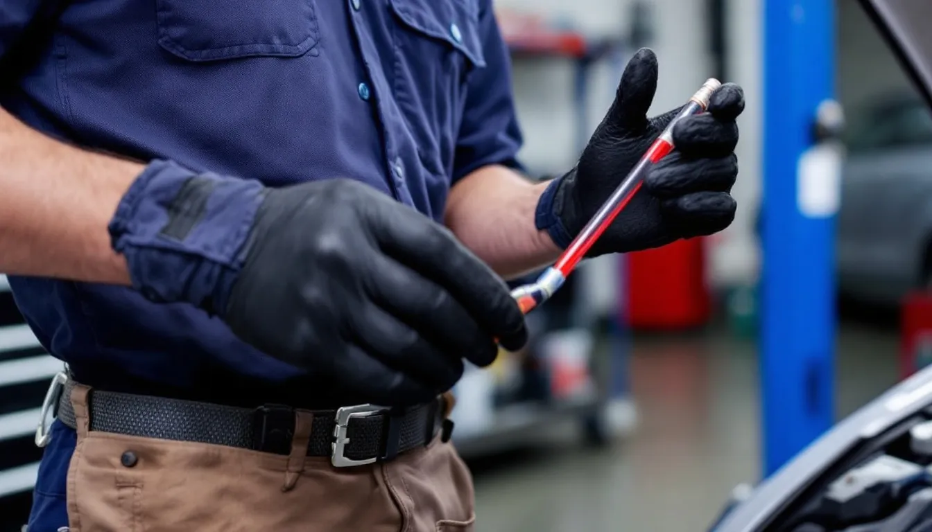 A mechanic is inspecting a transmission fluid dipstick, revealing clean red fluid, which indicates proper fluid levels for the vehicle's transmission. This routine maintenance is essential for ensuring the smooth operation of automatic transmissions and identifying any potential transmission problems.