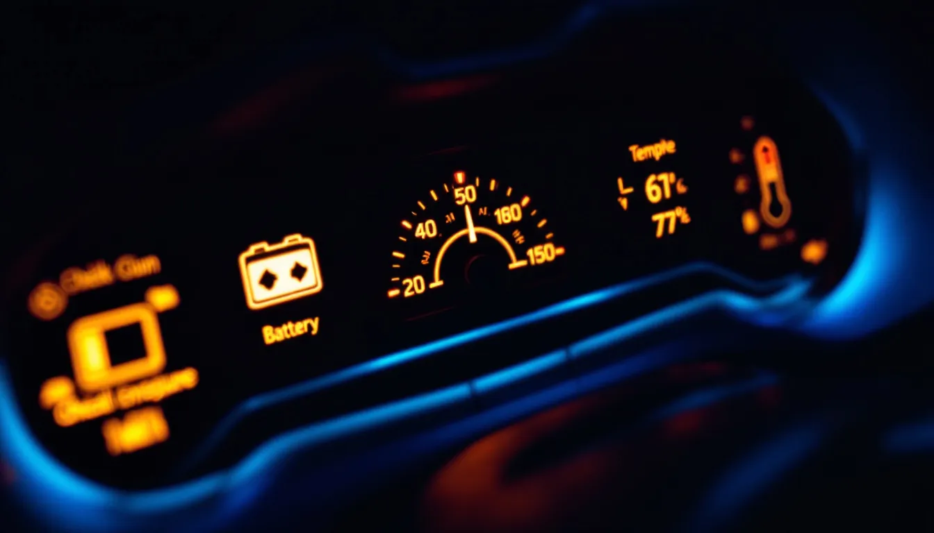 The image shows a car's dashboard instrument panel with various warning lights illuminated, prominently featuring the check engine light, signaling the need for inspection or auto repairs. This visual representation highlights the importance of reliable service and timely maintenance for vehicle safety.