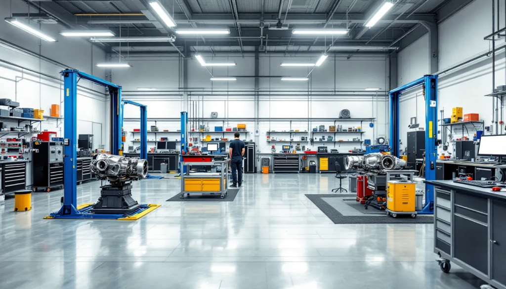 Modern auto repair shop with tools and lifts