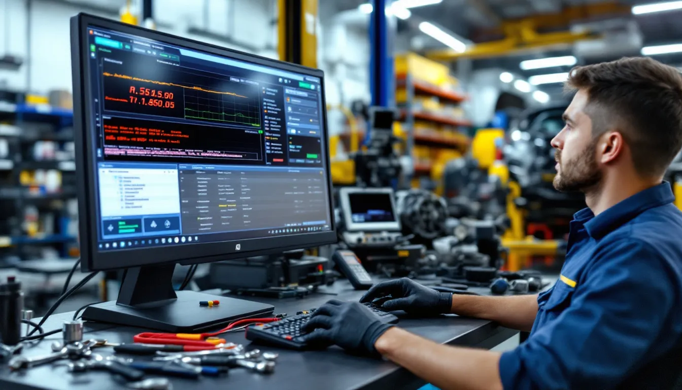 In a modern transmission repair shop, advanced automotive diagnostic computer equipment is displayed prominently, showcasing the tools used by knowledgeable technicians to diagnose and service vehicles. The setting emphasizes the importance of reliable service for car maintenance, particularly for transmission services.