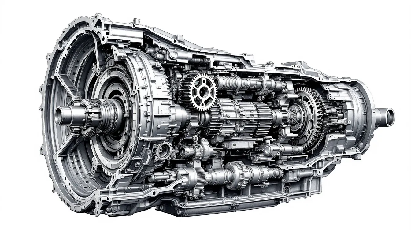 A detailed cutaway view of an automatic transmission reveals its intricate internal gears and components, including the transmission fluid pathways essential for smooth operation. This illustration highlights the complexity of the transmission system, showcasing the importance of routine maintenance and timely transmission repairs for optimal vehicle performance.