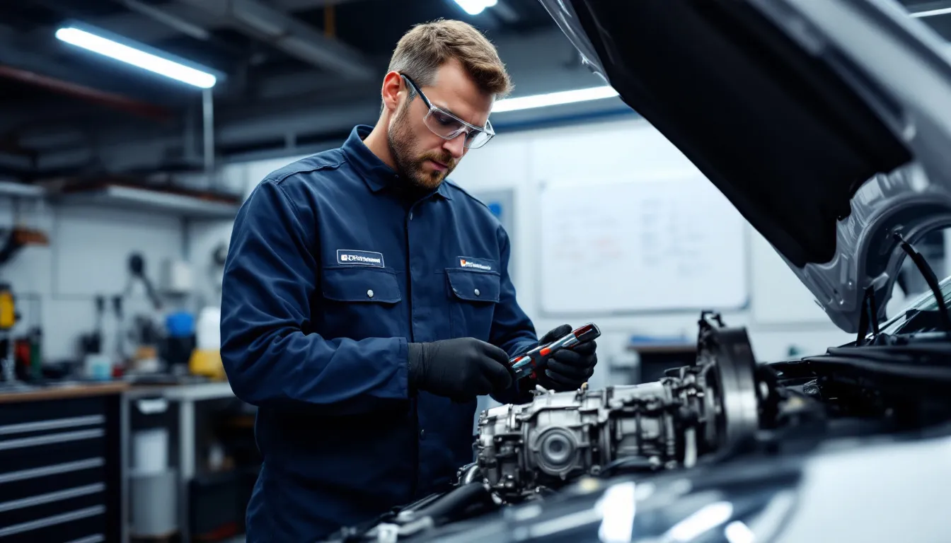 Transmission Repair Place, An experienced mechanic is diligently working on a car's transmission using modern tools and equipment in a well-equipped auto repair shop. The scene highlights the importance of quality service and reliable transmission repairs for various vehicle models.