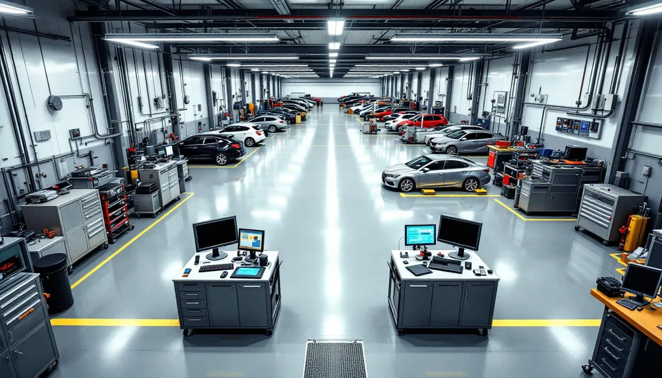The image depicts a professional auto repair facility featuring modern diagnostic equipment and clean work bays, highlighting the commitment to quality service and comprehensive auto services, including transmission repair and maintenance for various vehicle models. The environment suggests a focus on safety and efficiency, catering to local drivers with an experienced team ready to assist.