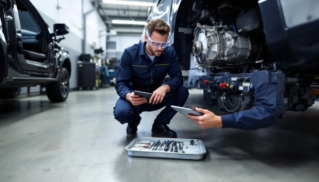 Mechanics examining engine with tablet and tools