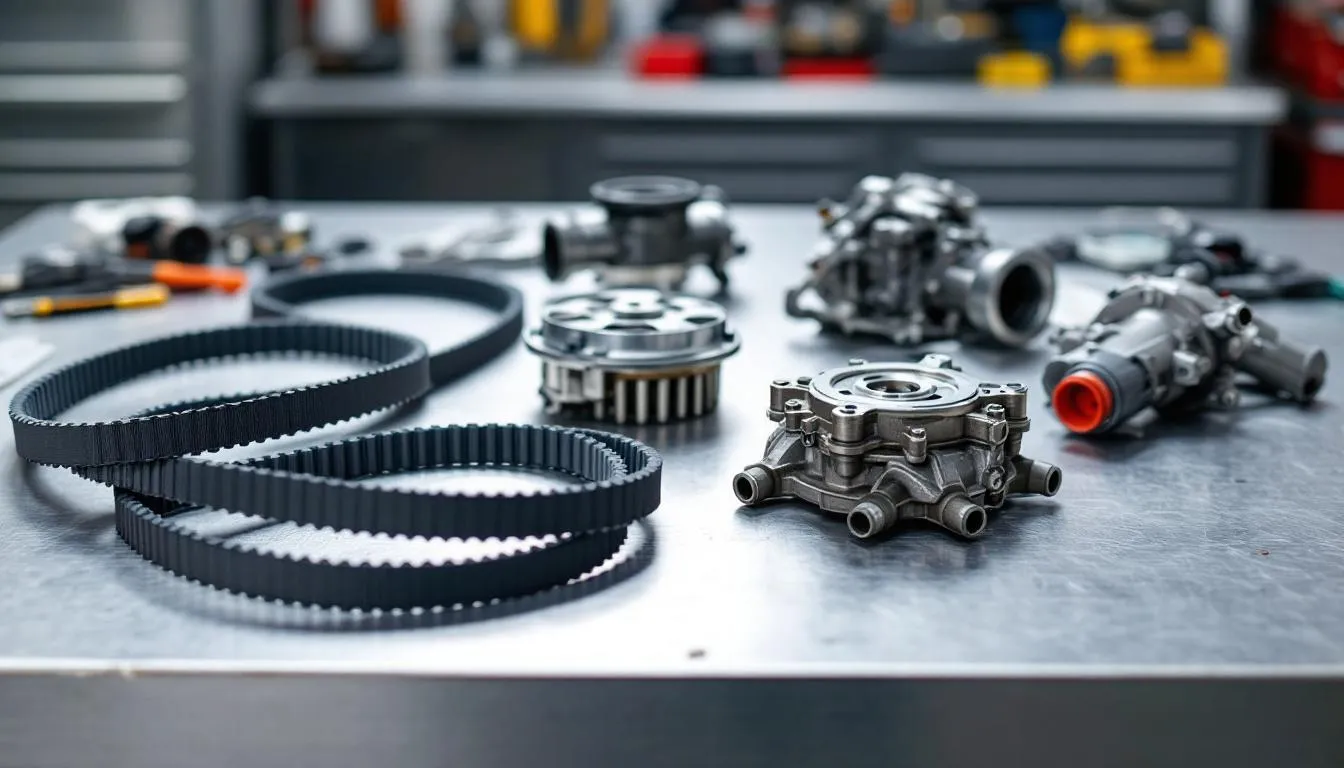 The image displays an assortment of engine components, including a timing belt, water pump, and fuel injectors, all organized for replacement. These crucial parts are essential for vehicle maintenance and repair, ensuring optimal performance and safety on the road.