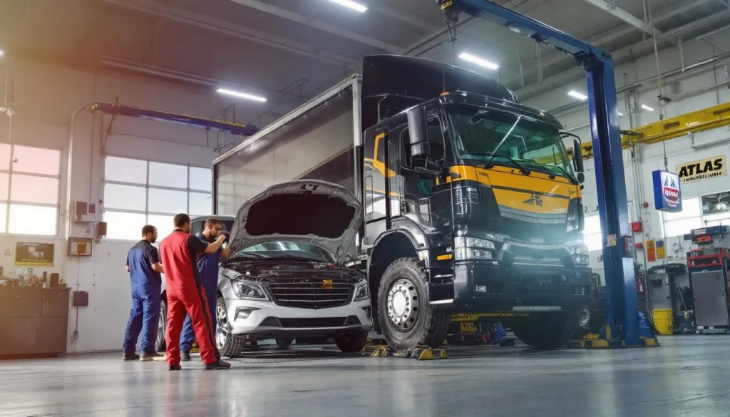 Mechanics repairing cars in an auto shop