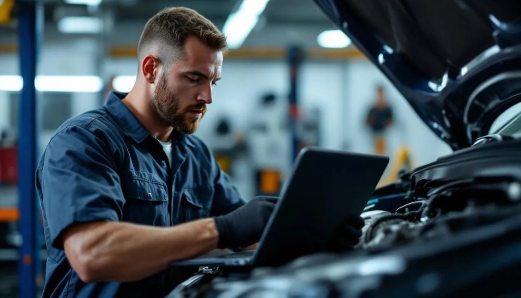 Mechanic using laptop on car engine