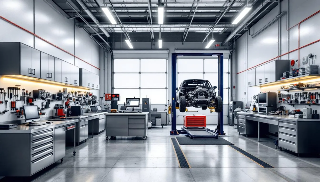 Modern auto repair workshop with car lift and tools.